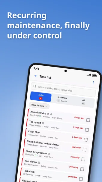 Task list screen with overdue and today's jobs