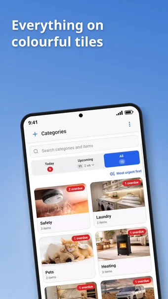 Categories tab with photo tiles and job status