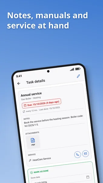 Task details with a note, a PDF manual and the service contact
