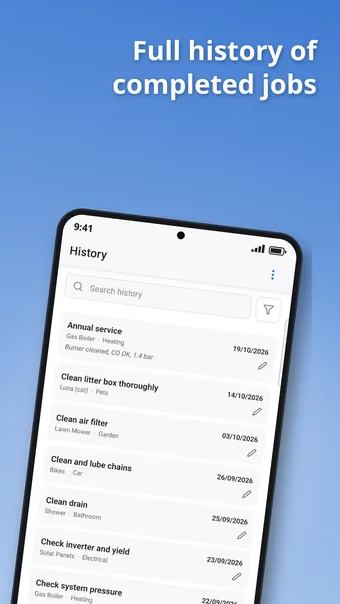 History screen with completed jobs and notes